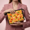 Sommerliche Kosmetiktasche mit Mango-Print, präsentiert von einem Model im rosa Blazer. - 23x8.5x16.5cm / Mangodruck