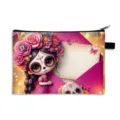 Day of the Dead cartoon print makeup bag in vibrant pink featuring a sugar skull girl - Sugar Skull Girl (30)