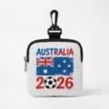 Portable white fabric earphone storage pouch with Australia flag and 2026 soccer design - Square-Australia