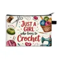 White zipper makeup bag featuring crochet theme illustrations and Just A Girl text - Style 02 (Polyester) / 21x15cm