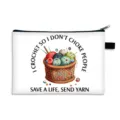 White canvas cosmetic bag with colorful crochet yarn basket print and humor quote - Style 03 (Polyester) / 21x15cm