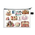 Portable white cosmetic bag with vintage sewing illustrations and secure zipper closure - Style 04 (Polyester) / 21x15cm