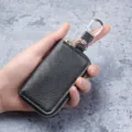 Minimalist mini black genuine leather key case coin purse with silver hook keychain - Black