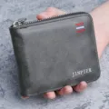 Grey men's short zip-around wallet featuring JINPIER logo and tricolor stripe detail - Black