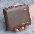 Classic brown leather men's short zipper wallet with large capacity and multiple card slots. - Dark Coffee