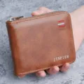 Brown faux leather men's short wallet with zipper closure and card slots by JINPIER brand - Brown