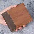 Men's short bifold PU leather wallet featuring a stylish two-tone brown minimalist design - Brown
