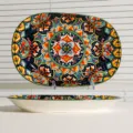 Piatto da pesce ovale in ceramica stile bohémien, 28x18.5x3cm stoviglie decorative colorate. - Piatto per pesce ovale bohémien - N. 04