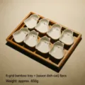 Cute ceramic cat sauce dish set with 6-compartment wooden tray for snacks and desserts. - 6-Grid Bamboo Wooden Tray + 8 Cat Sauce Dishes