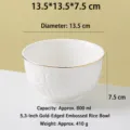 Ciotola di riso in ceramica bianca con bordo dorato elegante e rilievo, diametro di 13,5 cm - Ciotola da riso con rilievo stile palazzo e bordo dorato da 5,3 pollici