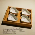 Cute cat ceramic sauce dish set with bamboo wooden tray for home kitchen dining table. - 4-Grid Bamboo Wooden Tray + 4 Cat Sauce Dishes