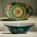 Ceramic bohemian style oval double-ear bowl detail showcasing colorful floral pattern. - Bohemian 9-Inch Ingot-Shaped Bowl - Green