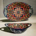 Bohemian 9-inch ceramic oval double-ear bowl, vibrant mandala pattern, salad fruit dish. - Bohemian 9-Inch Ingot-Shaped Bowl - Blue