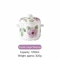 Ceramic stew pot detail view showing double handles, 16cm diameter and 17cm height. - 1000ml / Purple Flower