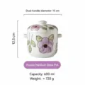 Ceramic stew pot detail showing dimensions, capacity, and purple floral design. - 600ml / Purple Flower