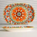 Piatto da pesce ovale in ceramica bohémien con vivace motivo floreale mandala, adatto al microonde. - Piatto ovale per pesce bohémien: n. 02