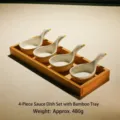Set di piatti per salsa a cigno in ceramica con vassoio di bamboo, elegante piatto. - Vassoio Legno 3 Griglie + 4 Piatti Cigno / 4 Piatti + Vassoio 3 Griglie