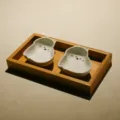 Cute cat ceramic sauce dish set with bamboo tray, 19.5x11x3cm, perfect for snacks and tea. - 2-Grid Bamboo Wooden Tray + 2 Cat Sauce Dishes