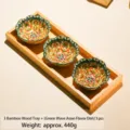 Set di ciotole in ceramica con vassoio di legno, stoviglie in stile bohémien per cucina. - Set di Piatti con Vassoio a 3 Griglie