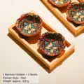 Set di ciotole per salsa in ceramica boho con vassoio di bambù, motivo floreale colorato. - Floreale Rosso Bohémien / 2 Griglie 2 Piatti