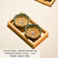Set di ciotole in ceramica con vassoio in bambù, piatto decorativo in stile boho per snack. - Set di Piatti con Vassoio a 2 Griglie