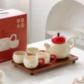 Apple ceramic apple-shaped teapot set with 4 cups and wooden tray, red gift box version - Apple Tea Set / Gift Box / Red White