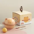 Lindo tazón de fideos instantáneos de cerámica gato pan tostado con caja de regalo. - Bol de Fideos Instantáneos de Gato (Con Palillos y Cuchara)