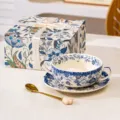 Set di ciotola doppia in ceramica blu in stile retro francese elegante con cucchiaio - Ciotola da Dessert Blu e Bianco a Doppia Orecchia (Scatola Colore) / Giallo Crema