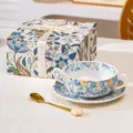 Ciotola doppia in ceramica blu retrò francese sotto vetrina con piattino e cucchiaio regalo. - Ciotola da Dessert Camelia a Doppia Orecchia (Scatola Colore) / Bianco