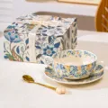Set di ciotole in ceramica con orecchie doppie a fiori blu vintage francese con piattino e cucchiaio - Ciotola da Dessert Camelia a Doppia Orecchia (Scatola Colore) / Giallo Crema