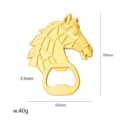 Golden horse head shaped metal bottle opener with dimensions and weight display - Gold