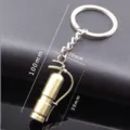 Mini fire extinguisher metal keychain in antique bronze finish with dimension markings - Cyan Bronze