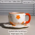 Juego de taza y platillo de café de cerámica pintada a mano, tazas creativas lindas - Estampado Floral Naranja