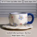 Juego de taza y plato de cafe de ceramica hecho a mano con patron floral azul, lindo. - Floral Azul