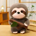 Cute sloth plush toy hugging a wooden branch, soft stuffed animal doll for kids birthday gift. - Coffee Style / 21cm