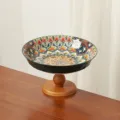 Piatto di frutta in ceramica stile bohémien con base in legno vassoio decorativo - Piatto a piedi profondi bohémien da 8 pollici [Verde] / Come mostrato