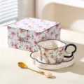 Four-leaf clover ceramic coffee cup and saucer set with gift box for afternoon tea. - 250 ml / Black