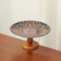 Alzata per frutta in ceramica stile bohémien con base in legno piatto da dessert - Piatto con piede bohémien da 8 pollici [Blu] poco profondo / Come mostrato