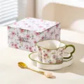 Luxury ceramic flower coffee cup and saucer set with gold spoon and gift box for gift. - 250 ml / Green