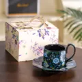 French vintage octagonal ceramic coffee cup and saucer set with gift box, elegant luxury style. - 240 ml / Black Lycoris Octagonal Cup and Saucer Set (Gift Boxed)