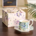 French retro octagonal coffee cup and saucer gift set, exquisite ceramic floral tea cup. - 240 ml / Beige Lycoris Octagonal Cup and Saucer Set (Gift Boxed)
