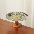 Vassoio per frutta in ceramica bohémien con base in legno, piatto da dessert in stile retro. - Piatto con piede bohémien da 8 pollici [Verde] stile basso / Come mostrato