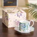 French octagonal ceramic coffee cup and saucer set, elegant blue floral gift box variant. - 240 ml / White Lycoris Octagonal Cup and Saucer Set (Gift Boxed)
