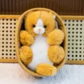 Cute orange cat plush toy resting in woven basket, soft stuffed animal doll for children gift. - Yellow Cat