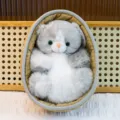 Cute grey cat plush toy in woven basket stuffed animal cute birthday gift for kids - Grey Cat