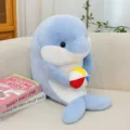 Cute plush dolphin stuffed animal toy holding colorful ball soft pillow for kids comforting gift - 25cm / Blue