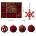 Red velvet Christmas ornament set with snowflake and balls, dimensions and quantity shown. - 2 Pcs/Set / Red Snowflake Set