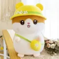 Schattig zomer hamster pluche speelgoed met gele bloemenhoed en tas, zacht kussen. - Bruin / 45 cm