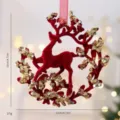 Burgundy velvet flocked reindeer Christmas wreath ornament with gold sequins decoration, 12cm - Wreath Reindeer