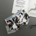 Men ice silk boxer briefs breathable print mid waist underpants comfortable underwear - M / Bottoms / Black Leaf Hummingbird Print